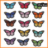 A collection of 15 mixed butterfly and rose embroidered iron-on patches in various colors and patterns.