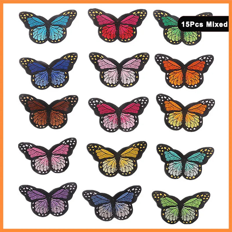 A collection of 15 mixed butterfly and rose embroidered iron-on patches in various colors and patterns.