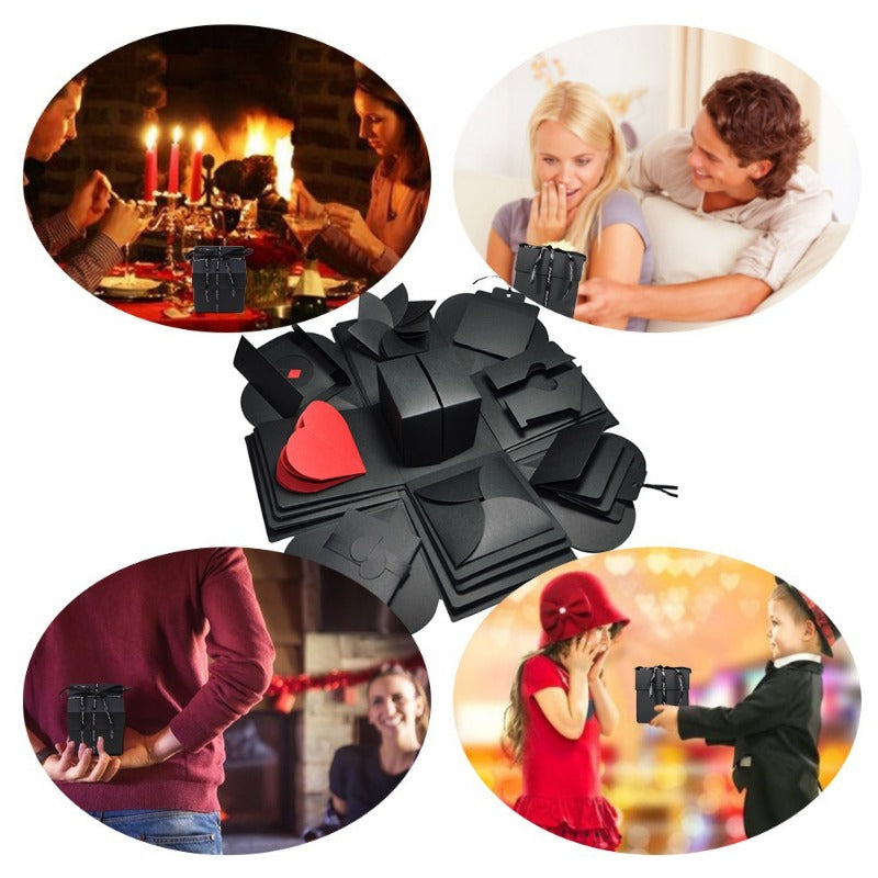 A collection of black photo gift boxes and a red heart, shown in various contexts including a fireplace and people.