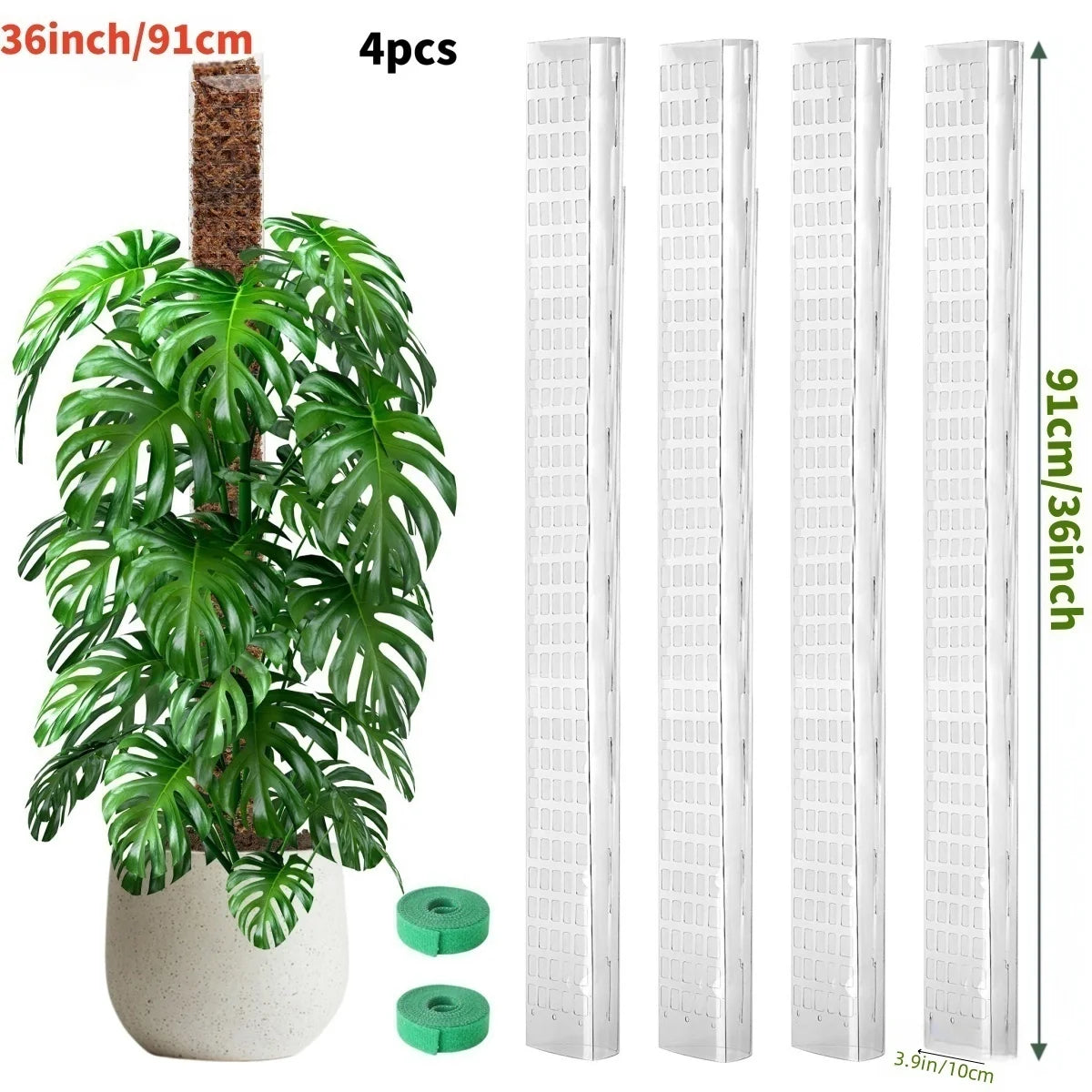 A tall plastic plant moss pole with four sections for indoor plants, measuring 91cm or 36 inches tall.