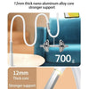 A silver flexible gooseneck phone holder is shown with a weight, demonstrating strong support.