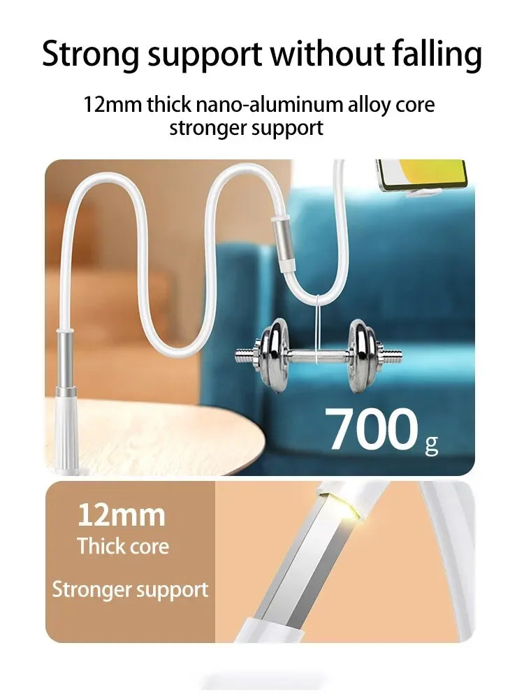 A silver flexible gooseneck phone holder is shown with a weight, demonstrating strong support.