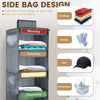 A gray hanging closet organizer with labeled daily mesh bags for clothes, socks, hat, and underwear.