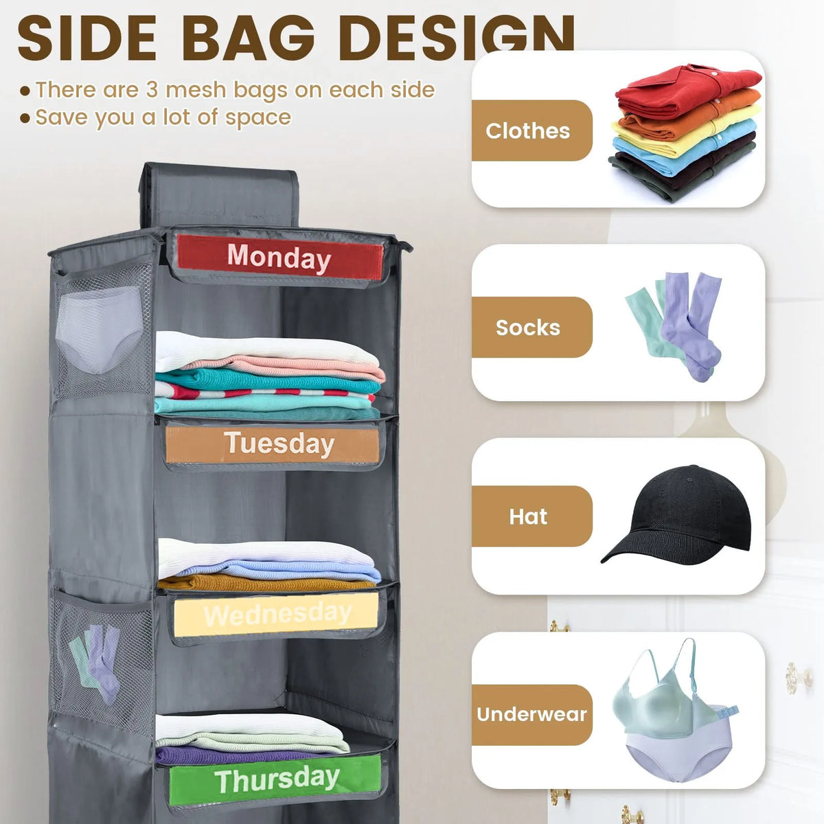 A gray hanging closet organizer with labeled daily mesh bags for clothes, socks, hat, and underwear.