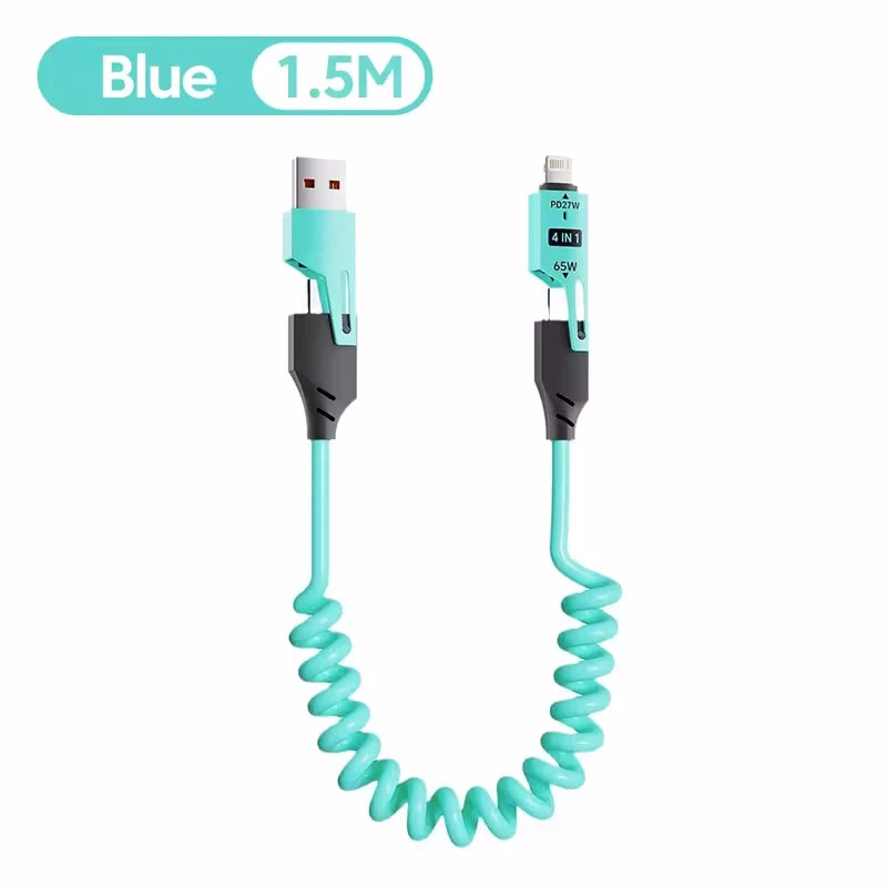 Blue 1.5M retractable fast charging cable with USB-C and Lightning connectors