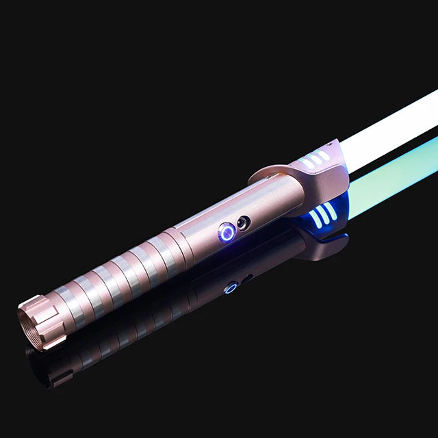 A close-up of an RGB metal lightsaber with a glowing blue blade and metallic hilt against a black background.