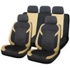 A set of black and tan universal honeycomb mesh car seat covers shown from above.