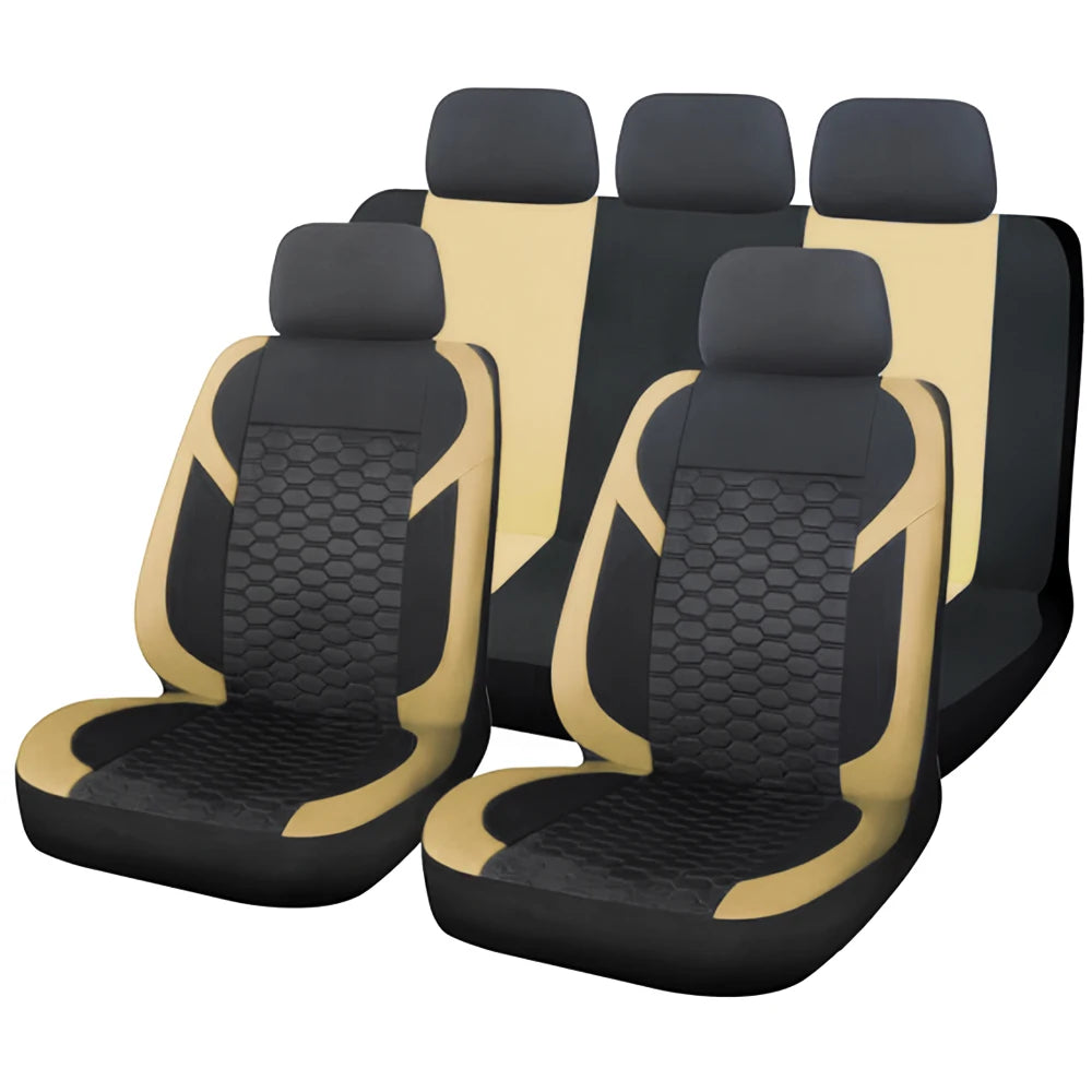 A set of black and tan universal honeycomb mesh car seat covers shown from above.