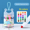 A clear container of washable art markers with a tapered pen head and a brush tip, showing 24 colors.