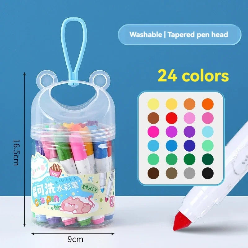 A clear container of washable art markers with a tapered pen head and a brush tip, showing 24 colors.