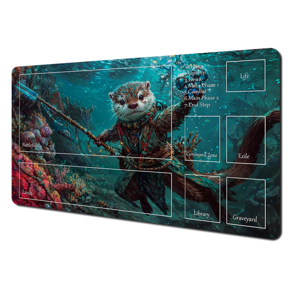 Fantasy card playmat featuring an illustration of a rabbit archer and raccoon in a forest setting with various zone labels.