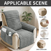 A gray waterproof non-slip recliner sofa cover displayed with various arm styles shown in detail.
