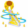 A yellow duck climbing track toy featuring a circular top and multiple blue curved tracks for play.