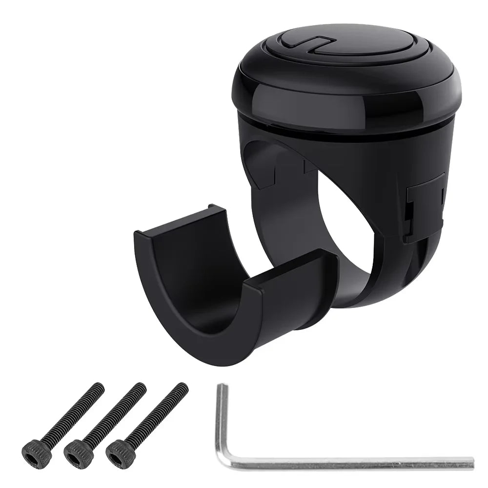 Black 360 degree rotating steering wheel spinner knob with a metal rod.