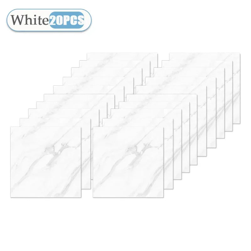 A set of white marble tile stickers for kitchen and bathroom surfaces.