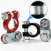 A pair of quick-release car battery terminal connectors shown with various metal and plastic components.