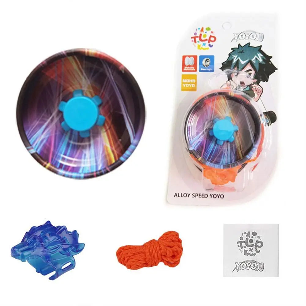 A professional aluminum yo-yo with LED lights and a packaging graphic showing the product.