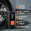 A portable tire inflator device with a digital display and charging port is shown next to a car wheel.