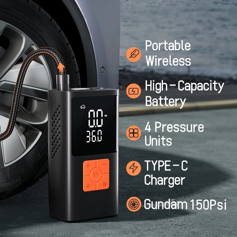 A portable tire inflator device with a digital display and charging port is shown next to a car wheel.