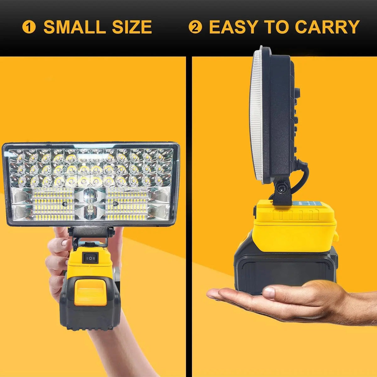 A small, portable LED work light with a yellow battery and USB charging ports is shown being held and carried.