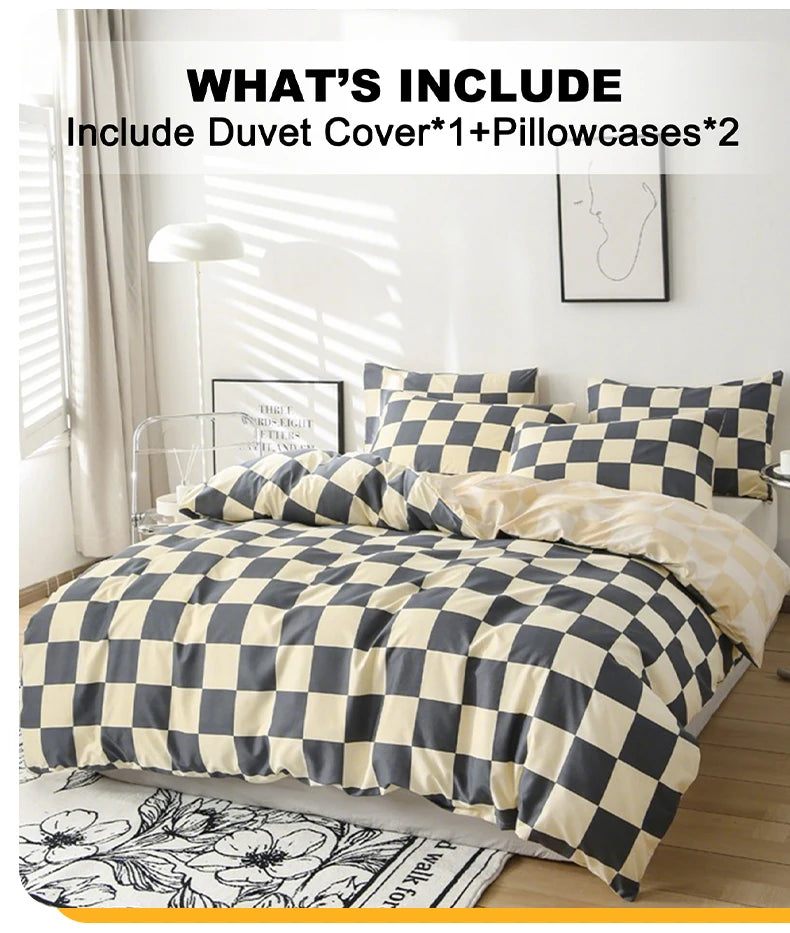 A checkered print bedding set featuring a duvet cover and two pillowcases in beige and gray tones.