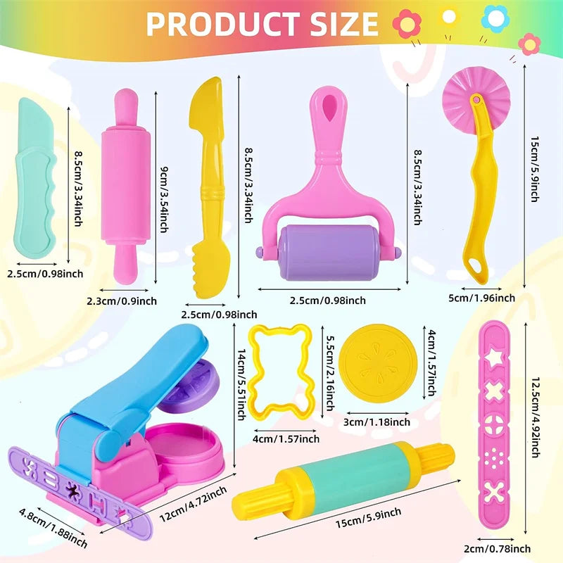 A set of animal-shaped playdough tools in various sizes and colors including pink, yellow, purple, and green.