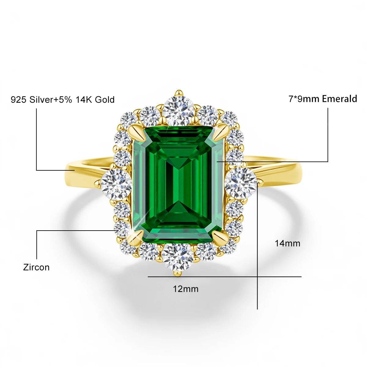 A stackable ring set featuring a green emerald cut moissanite gemstone surrounded by clear zircon stones in 14K gold filled.