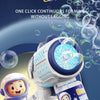 A white astronaut toy is shown next to a white bubble blaster toy demonstrating continuous foaming.