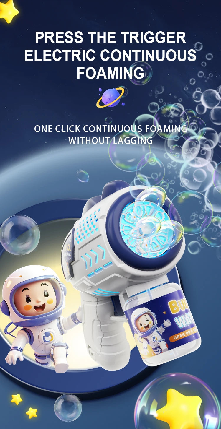 A white astronaut toy is shown next to a white bubble blaster toy demonstrating continuous foaming.