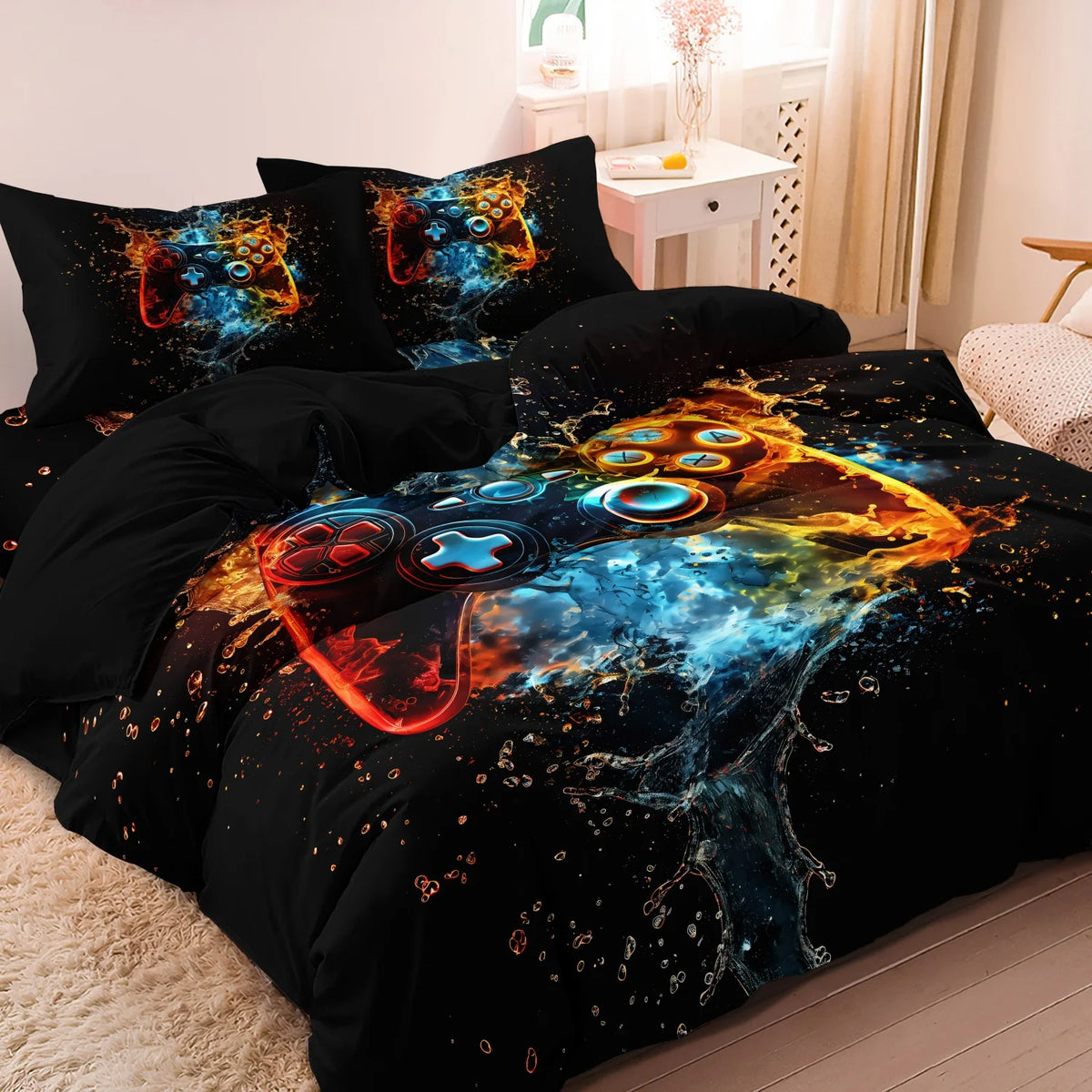 Black duvet cover featuring a vibrant blue and orange gaming controller print on a dark background