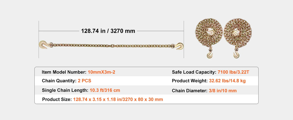 A set of two gold-colored heavy-duty binder chains with clevis hooks and decorative round pendants.