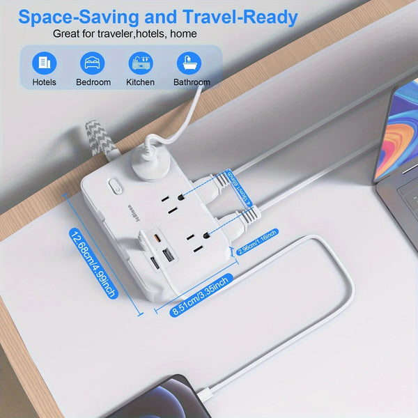 Weiße 6-fach Mehrfachsteckdose mit USB-Anschlüssen auf einer Holzoberfläche.