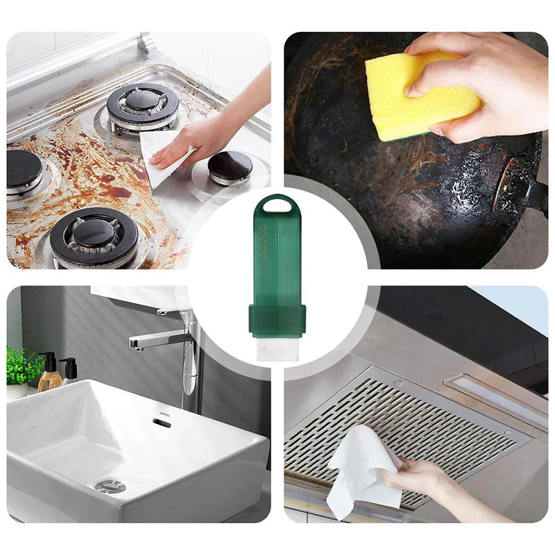 A reusable green limescale and stain eraser tool is shown being used on a faucet, sink, and tile.