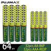 64 pieces of PUJIMAX AA-R6P and AAA-R03P dry cell batteries in green and yellow packaging