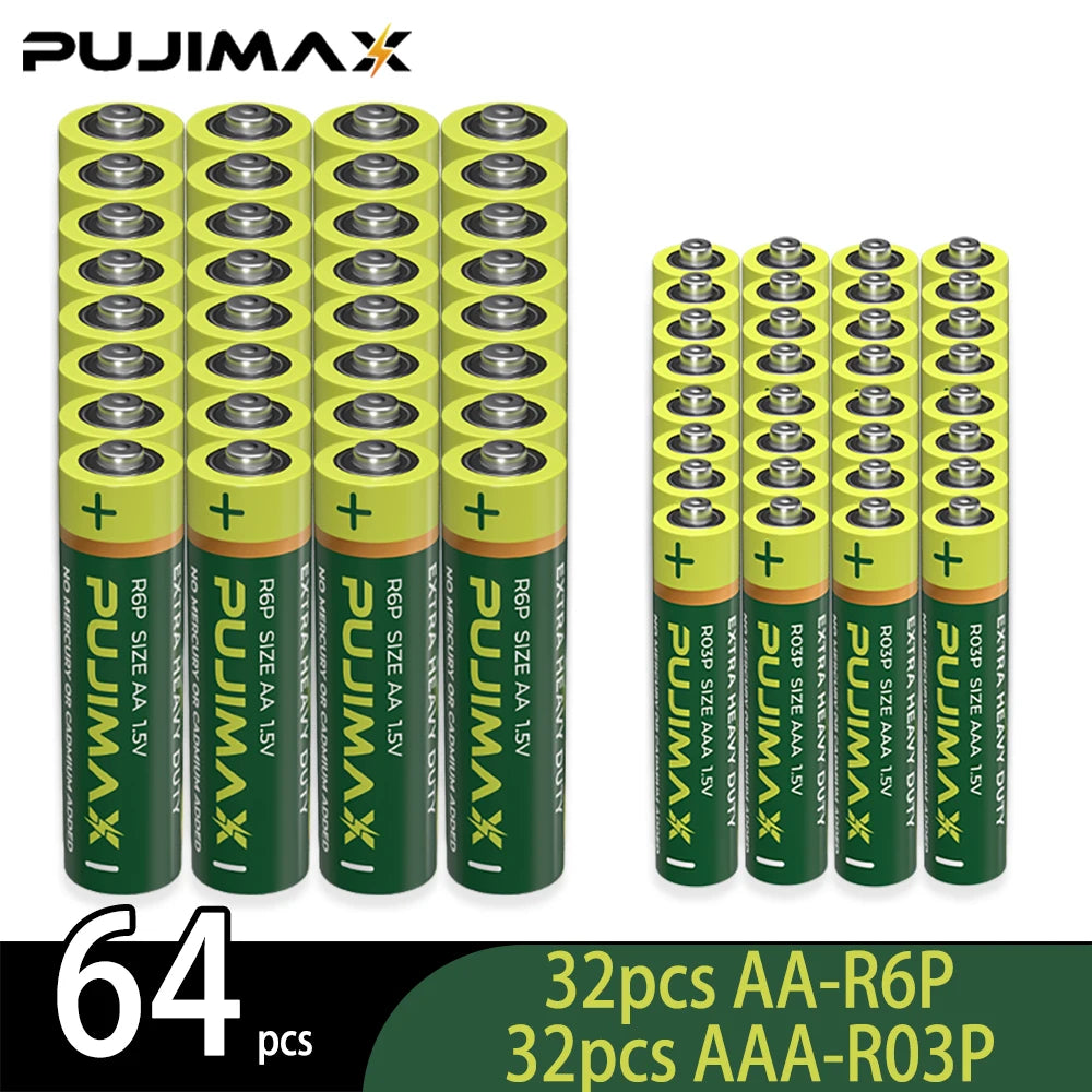 64 pieces of PUJIMAX AA-R6P and AAA-R03P dry cell batteries in green and yellow packaging