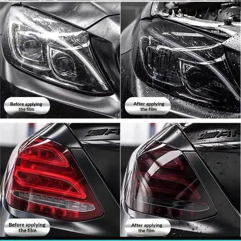 Before and after comparison of smoke black tint film applied to a car's headlight and taillight.
