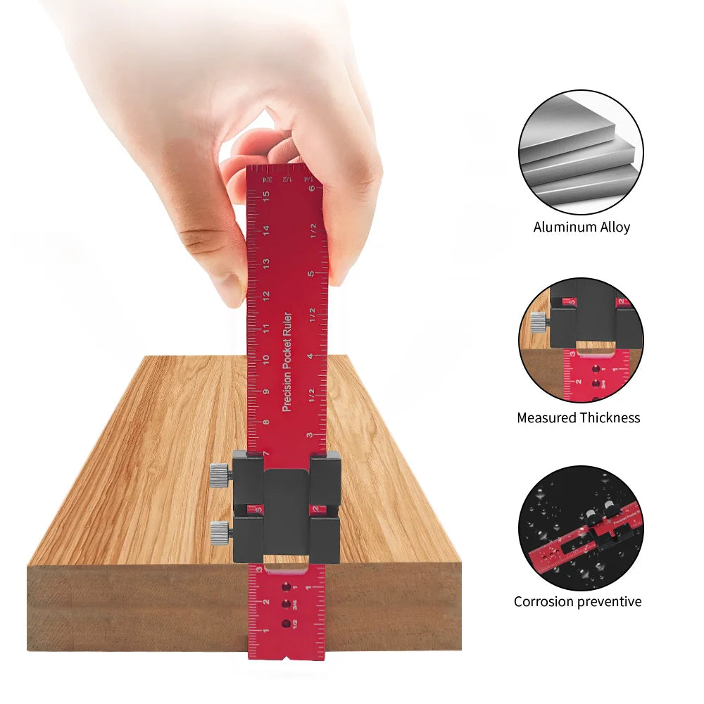 A hand is using an aluminum pocket ruler with a T-track slide stop to measure the thickness of wood.