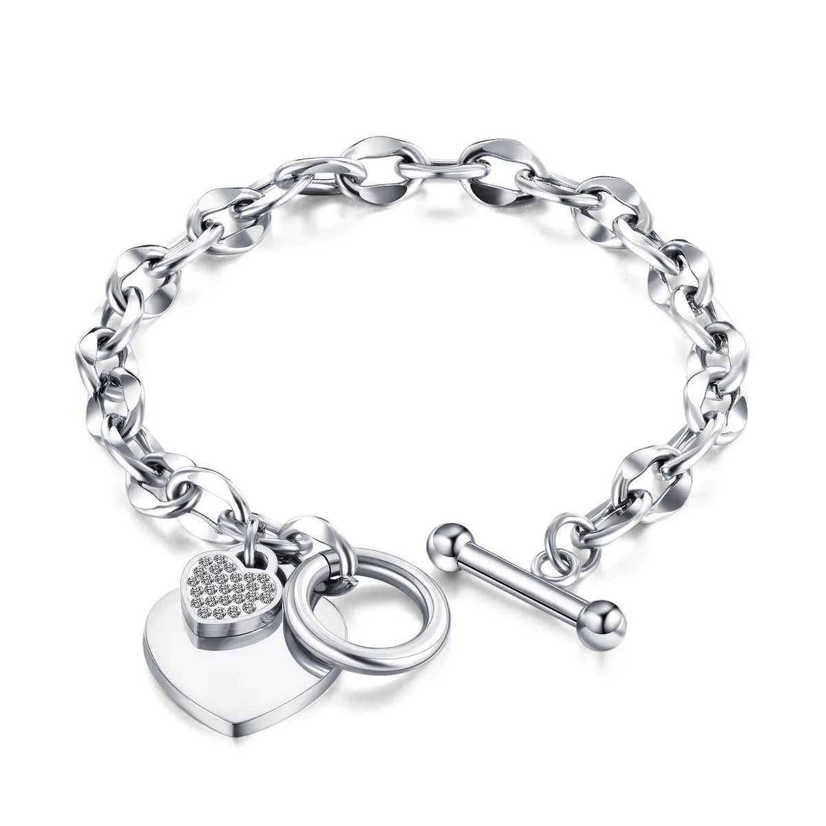 A silver stainless steel double heart pendant bracelet with a chain and a heart charm.