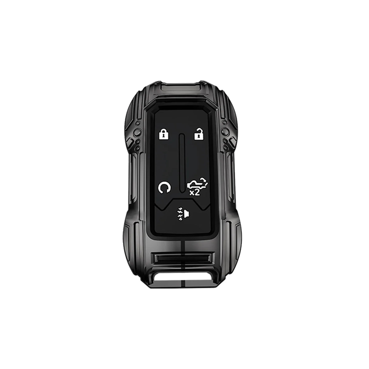 Black zinc alloy key fob case for Chevy Silverado and GMC Sierra with various buttons.