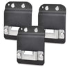 Three black clip-on tool belt holsters for drills and power tools shown from above.