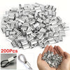 A pile of 200 aluminum double barrel crimp sleeves for wire rope, shown in various views.