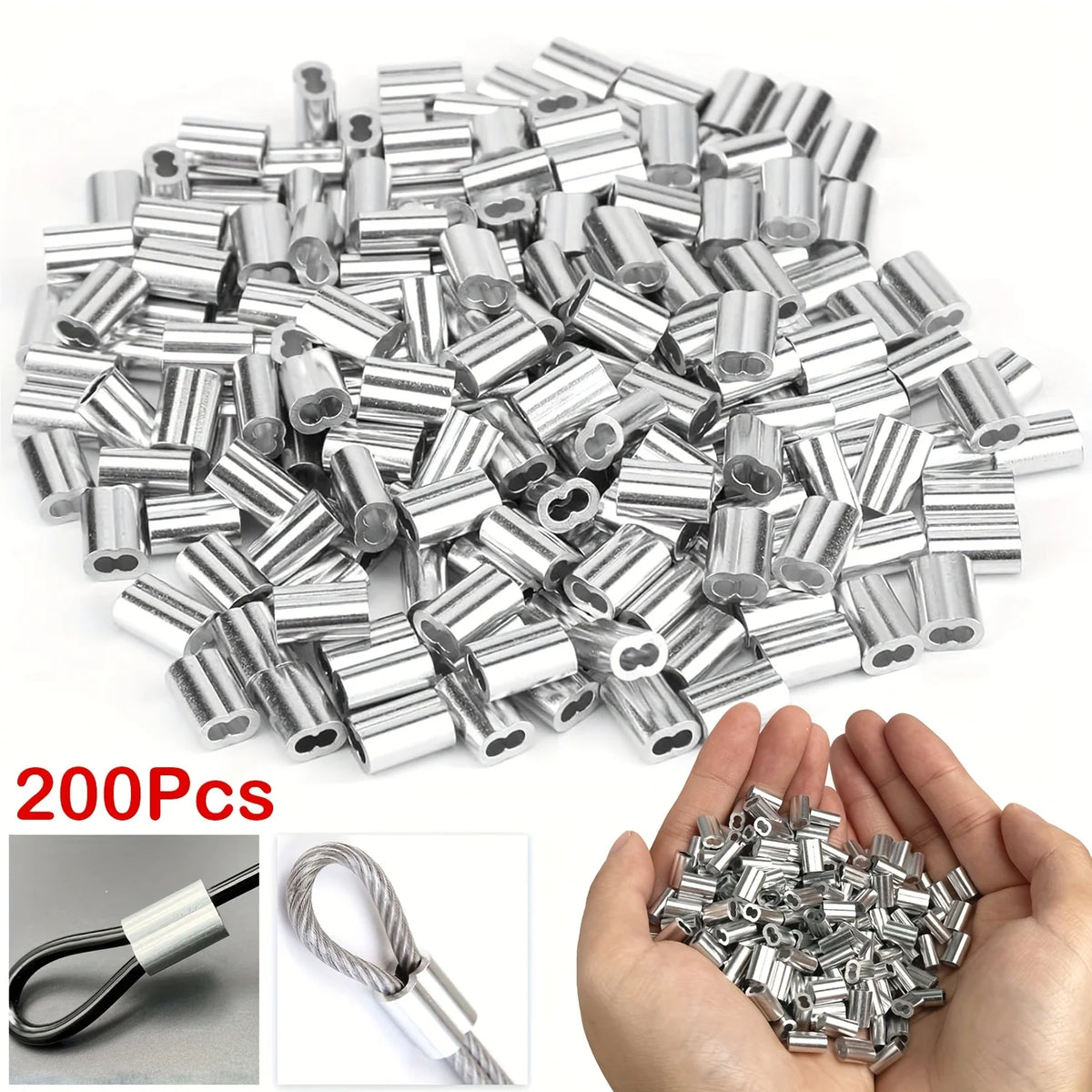 A pile of 200 aluminum double barrel crimp sleeves for wire rope, shown in various views.