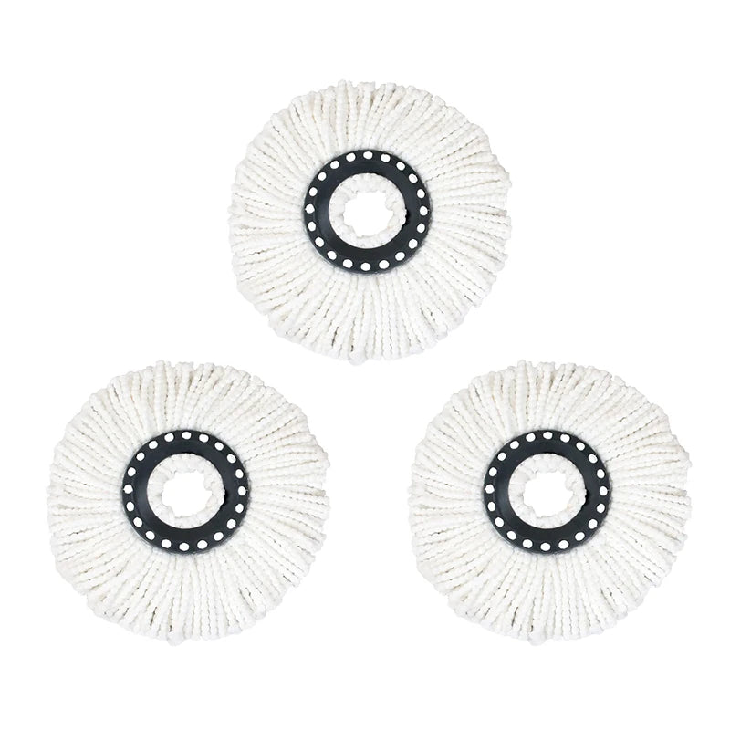 White microfiber mop head refill with a rotating round pad for universal cleaning.