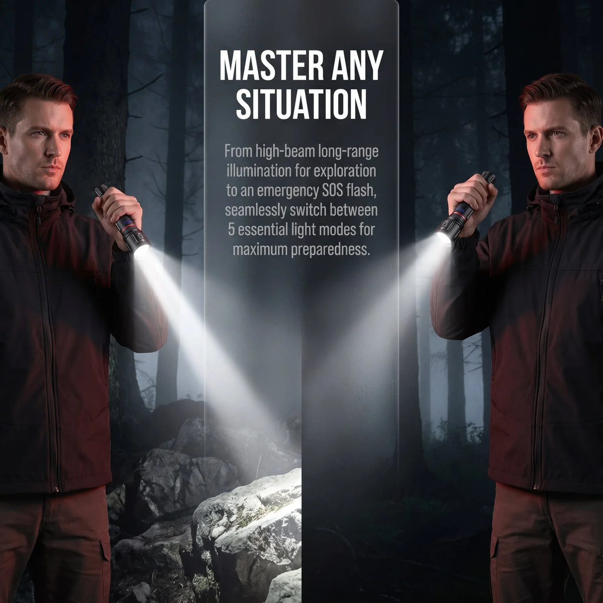 Two men holding a powerful flashlight illuminating a dark, wooded environment.