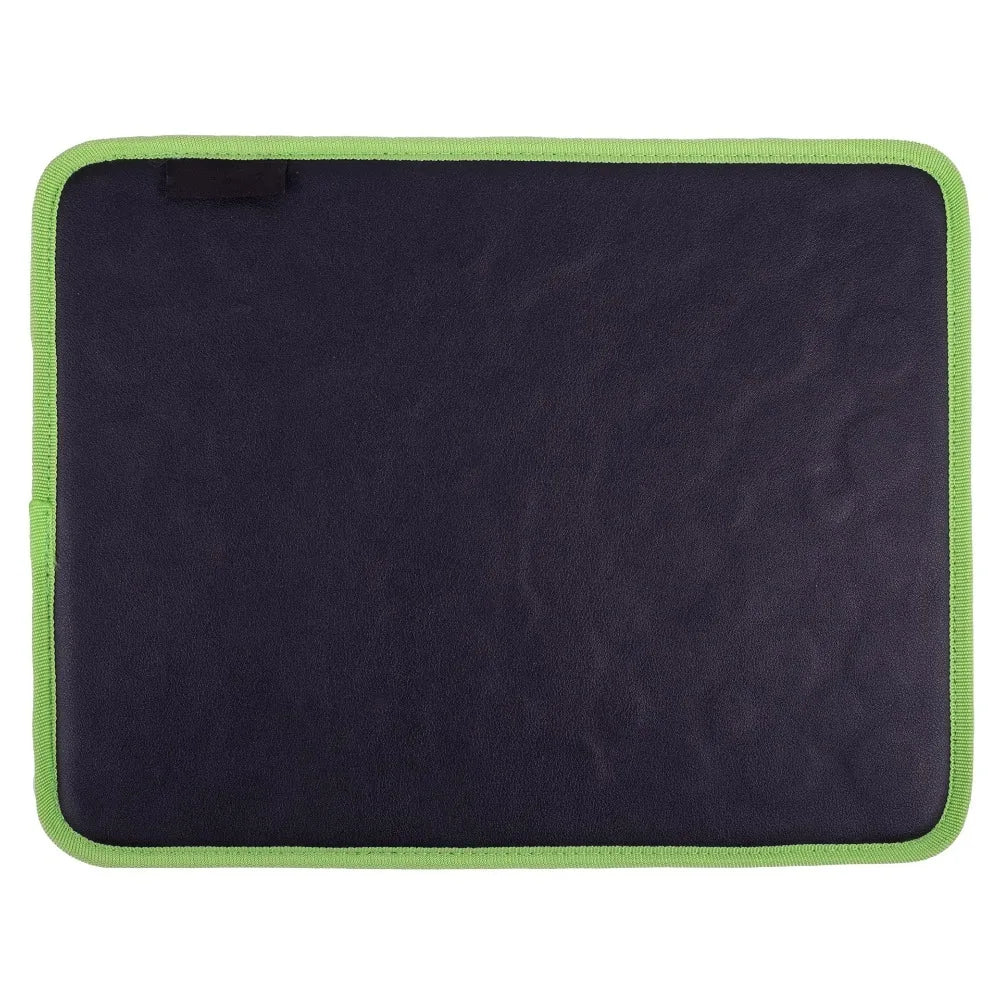 A dark blue magnetic tool mat with a light green trim and a magnetic grip.