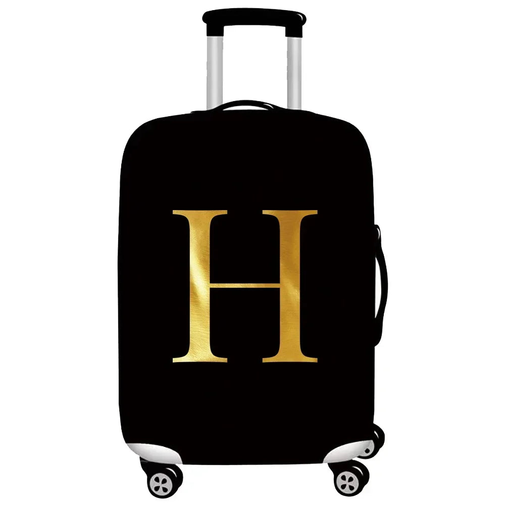 Black rolling suitcase with a gold letter H print on the side.
