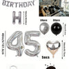A kit for a birthday balloon garland featuring silver and black foil numbers and balloons.