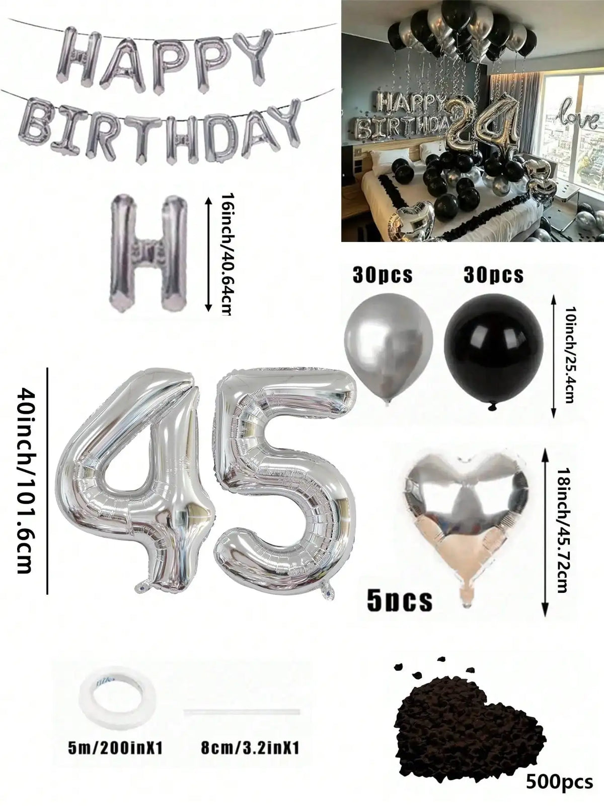 A kit for a birthday balloon garland featuring silver and black foil numbers and balloons.