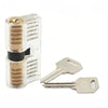 A transparent practice padlock with a key is shown next to a metal key for locksmith training.