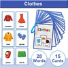 A set of 15 English vocabulary flash cards featuring clothing items like sweaters, dresses, coats, gloves, shirts, and shorts